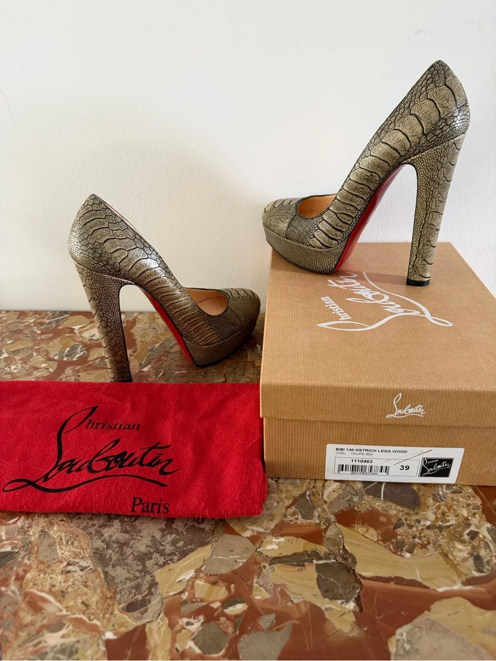 Christian Louboutin Olive/Gray Snake-Embossed Platform Pumps with Red Sole